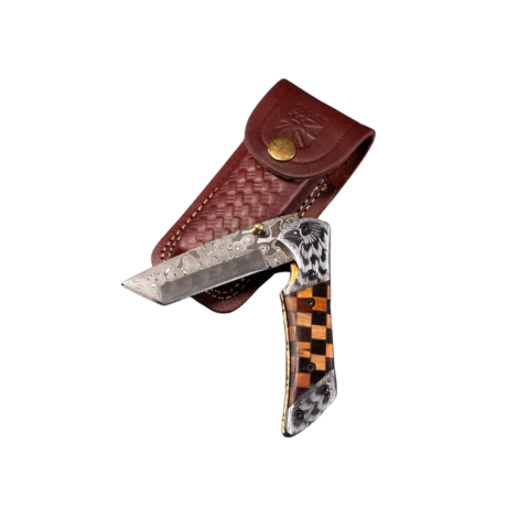 Damascus Steel Eagle Engraved Checkered Pocket Knife