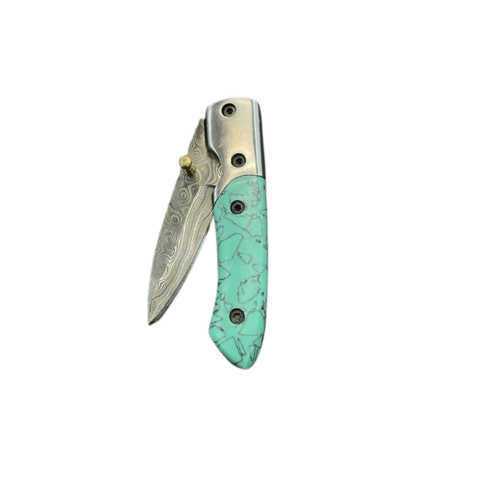 Azureglide Damascus Steel Turquoise Resin Pocket Knife
