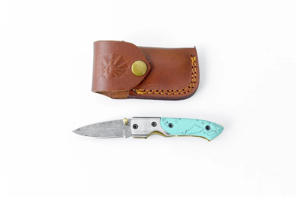 Azureglide Damascus Steel Turquoise Pocket Knife