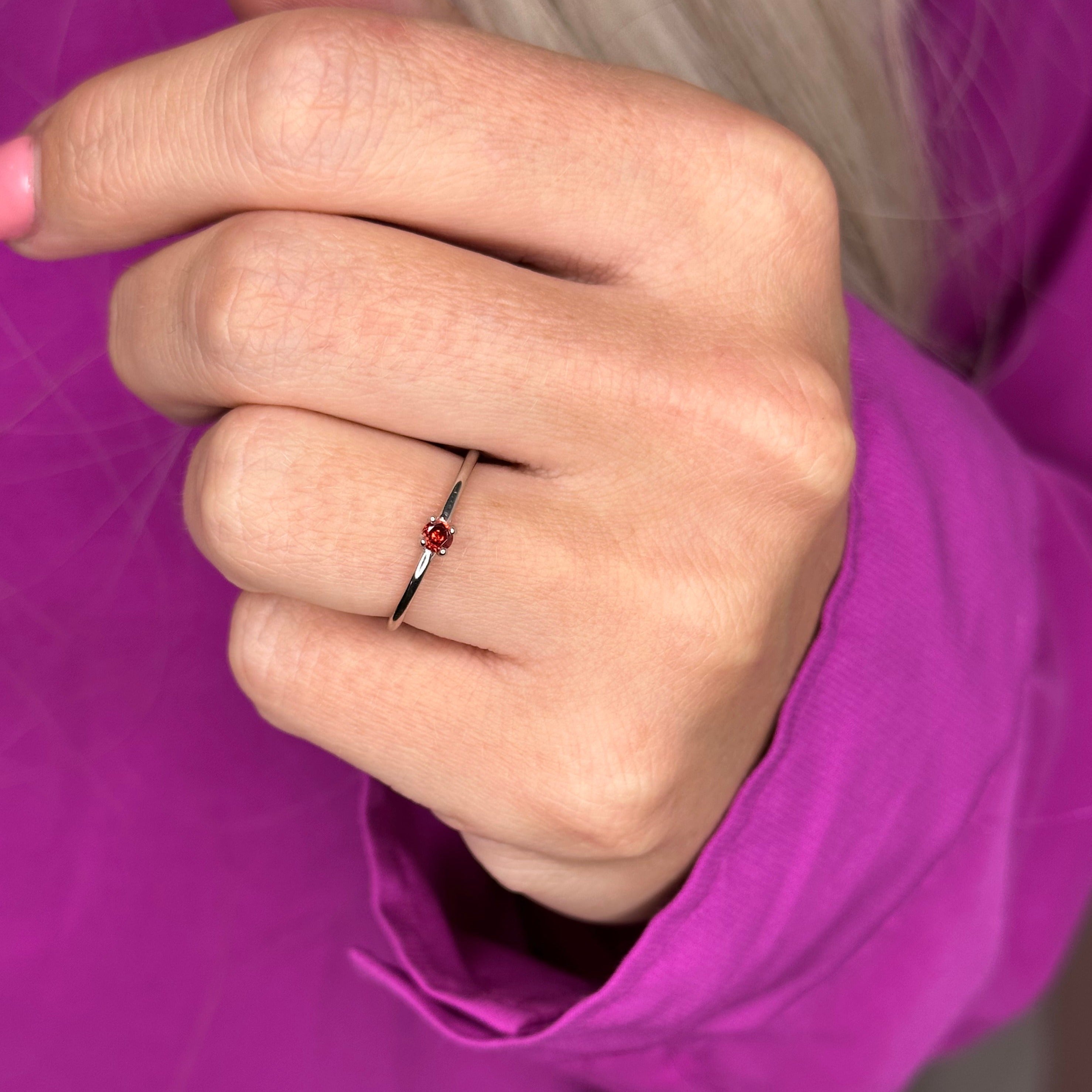 Starlette Garnet Round Stackable Ring in Silver