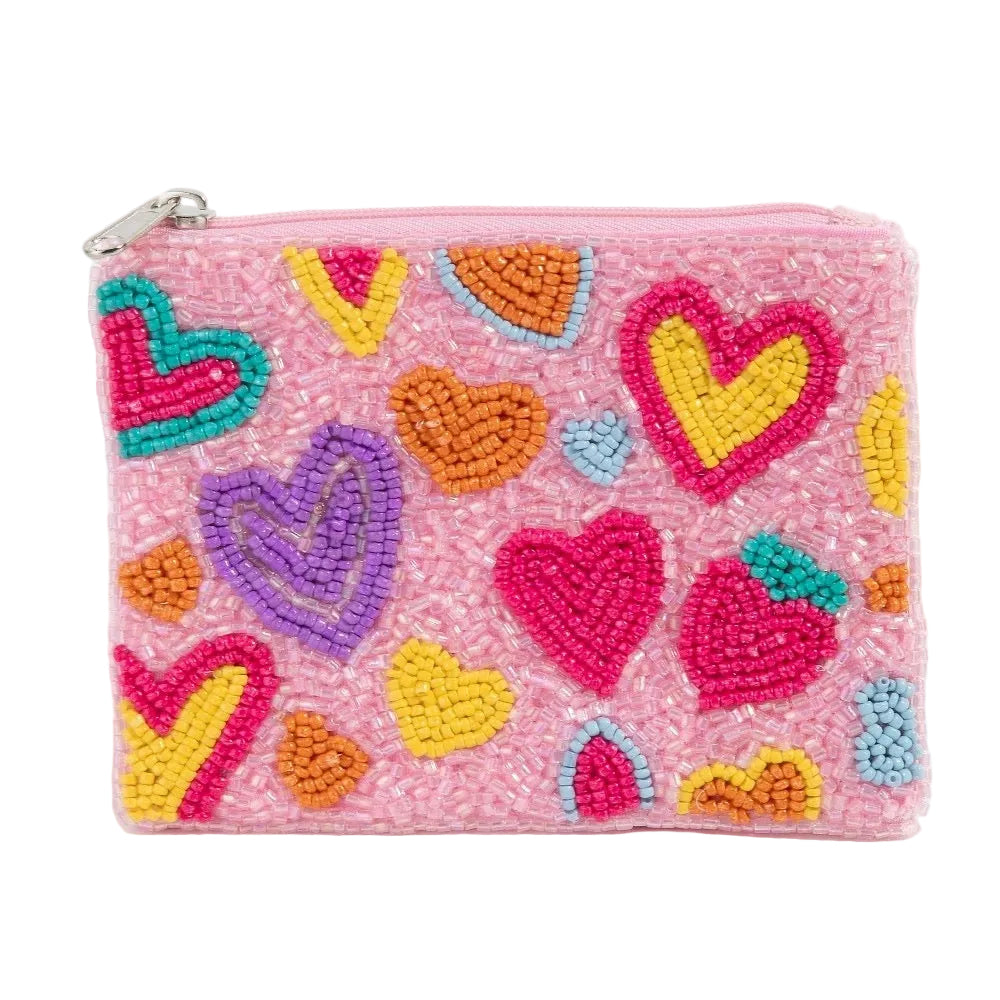 Groovy Vibrant Hearts Seed Beaded Coin Purse