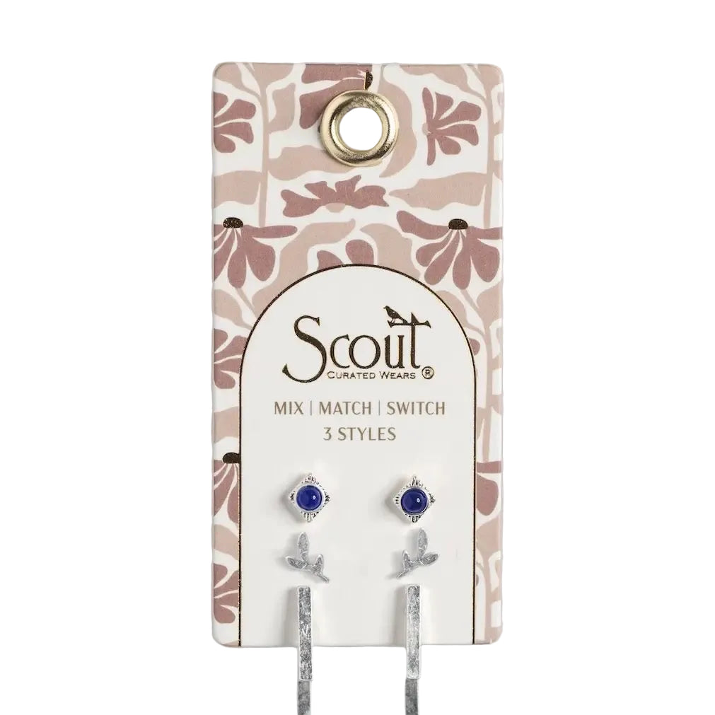 Stud Trio Ear Jacket Set - Leaf / Lapis / Silver
