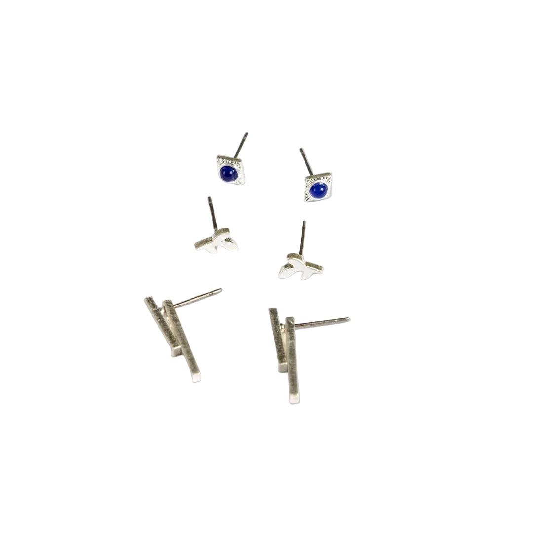 Stud Trio Ear Jacket Set - Leaf / Lapis / Silver