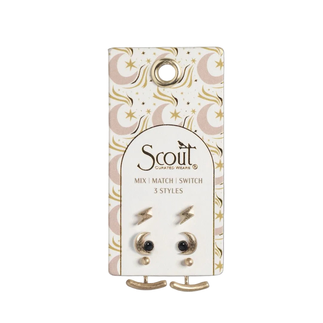 Stud Trio Ear Jacket Set - Moon / Black Spinel / Gold