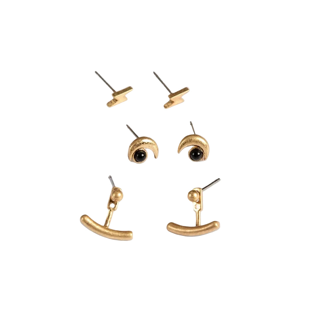 Stud Trio Ear Jacket Set - Moon / Black Spinel / Gold