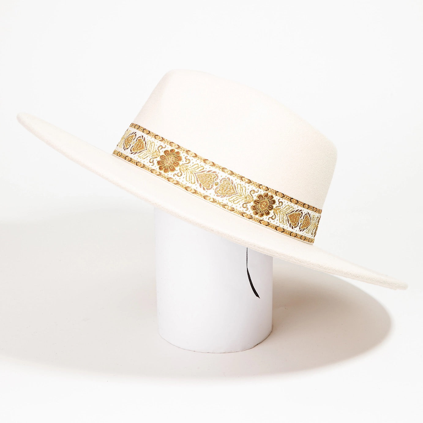 White Embroidered Strap Fedora