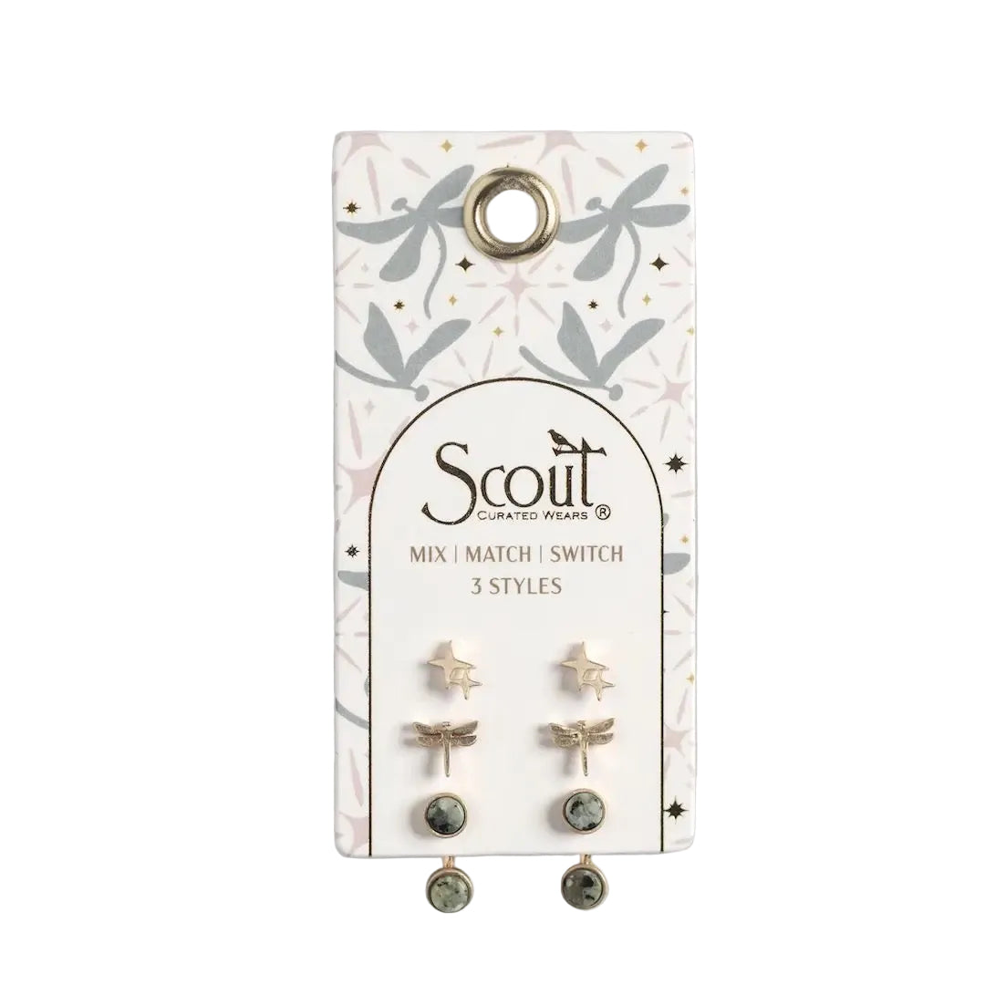 Stud Trio Ear Jacket Set - Dragonfly/African Turquoise/Gold