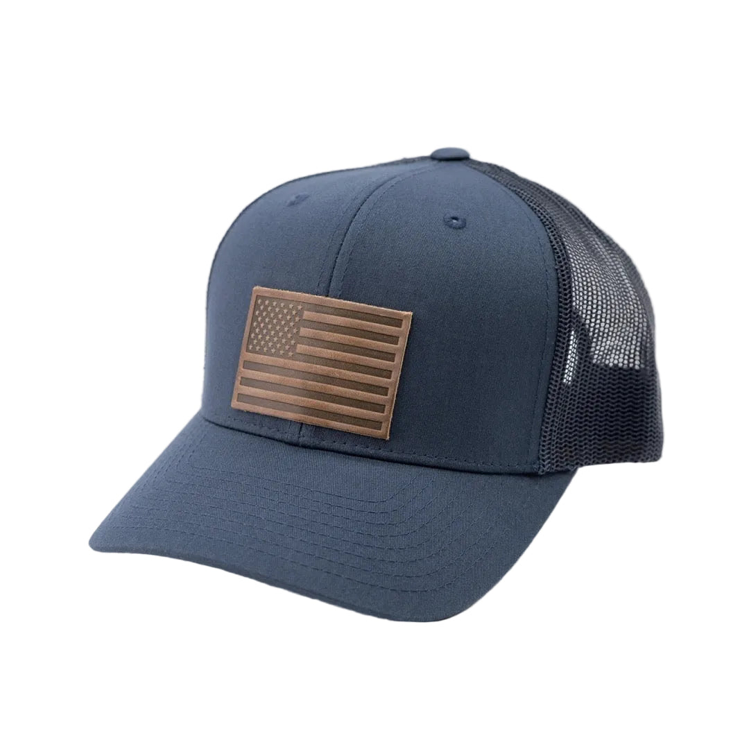 American Flag Leather Patch Snapback Trucker Hat - Blue