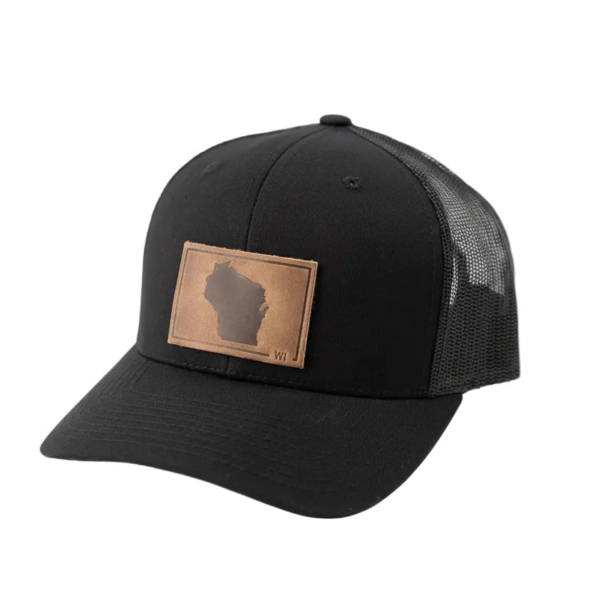 Wisconsin Leather Patch Snapback Trucker Hat - Black