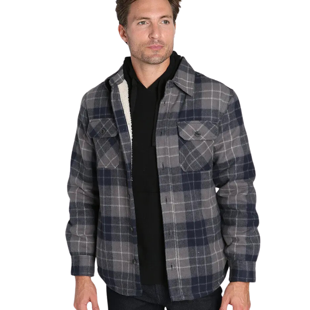 Grey and Navy Plaid Sherpa Lined Brushed Flannel