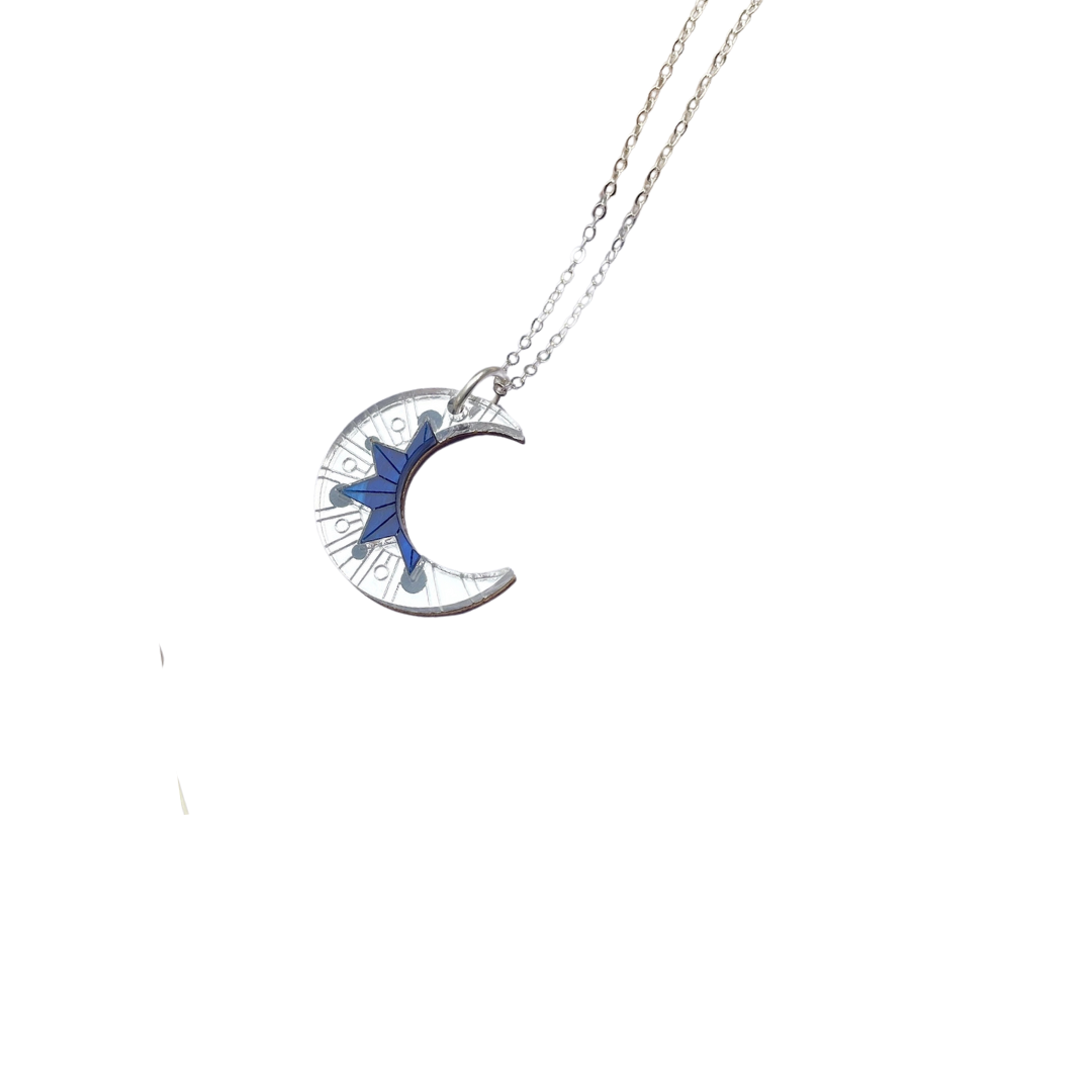 Silver and Cobalt Aurora Moon Pendant Necklace