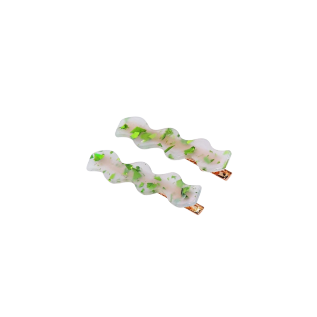 Acrylic Squiggle Hair Clips - Green Confetti