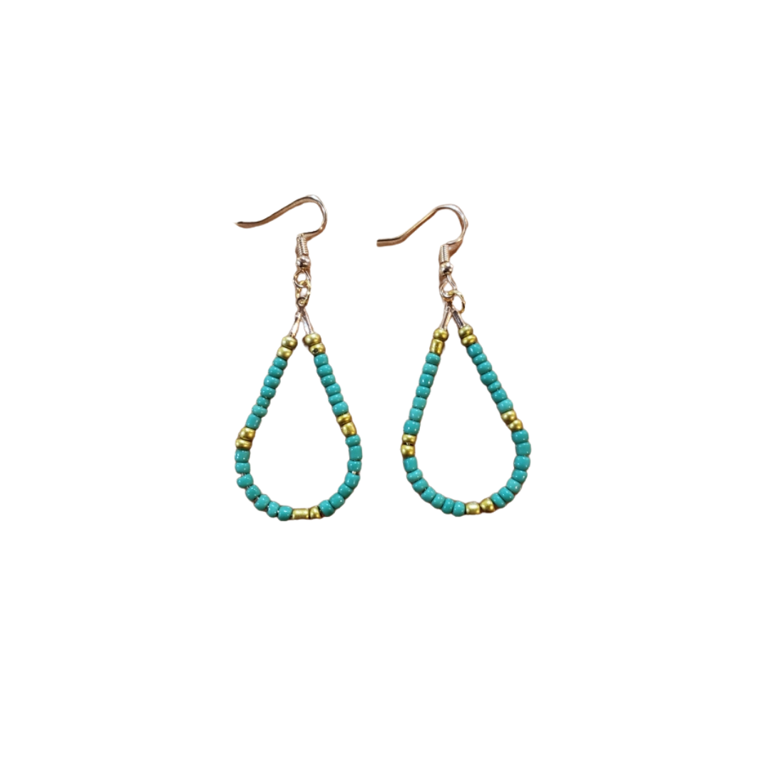 Tear Drop Beaded Earrings - Teal and Gold