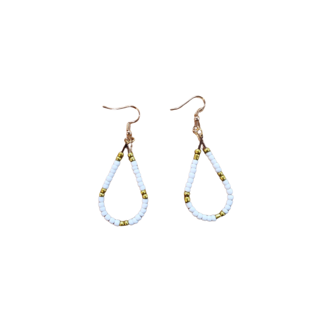 Tear Drop Beaded Earrings - White and Gold