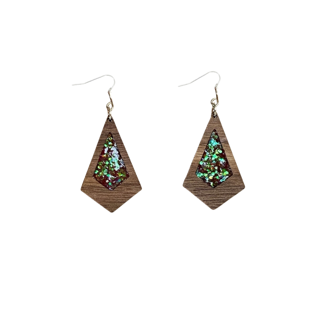 Wood Red Glitter Kite Earrings
