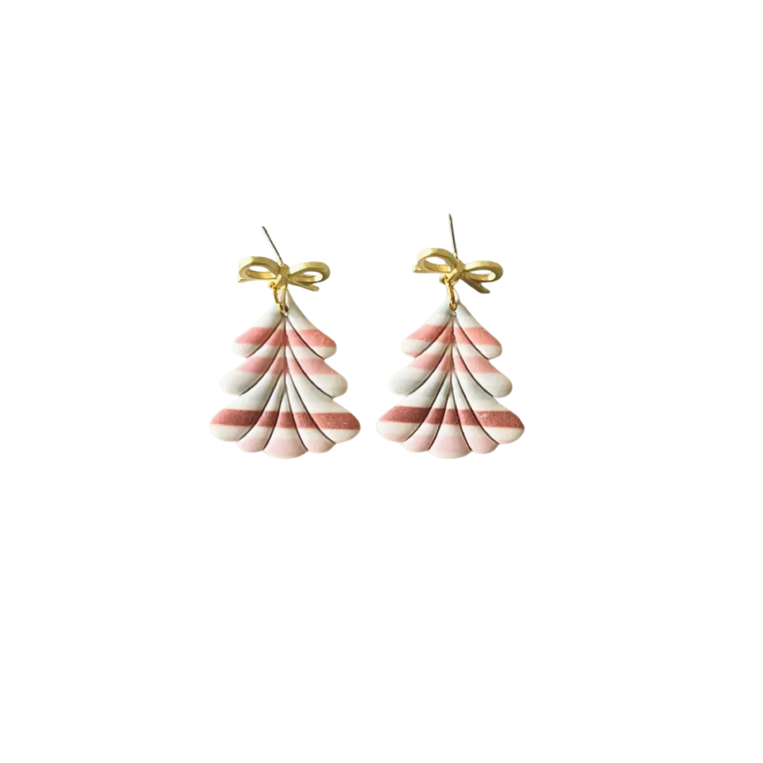 Pink + Red Striped Christmas Tree Earrings