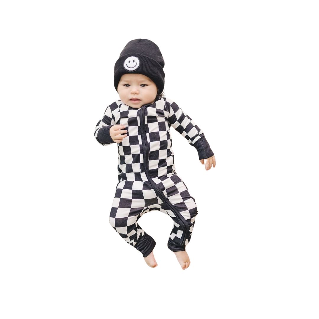 Black Checkered Bamboo Zip Romper